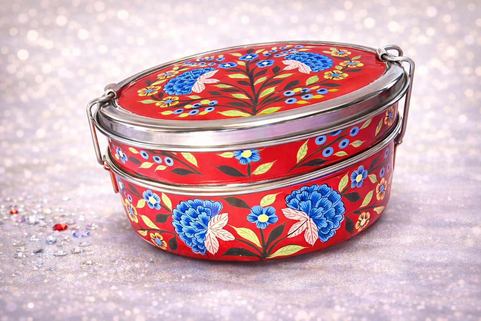 Hand painted Bento lunch box, Steel lunch box, hand painted lunch box ,Indian tiffin box, Stainless steel bento box ,Enamelware tiffin box